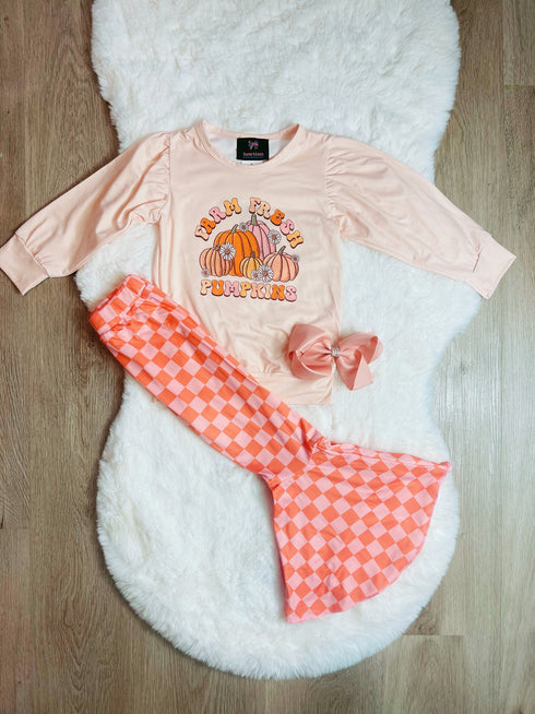 Bowtism Girls Farm Fresh Pumpkins Flare Pants Set with Matching Bow - Bowtism