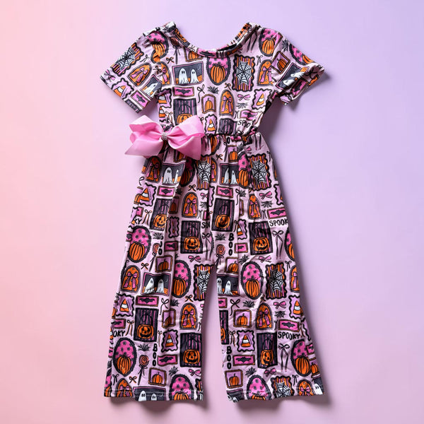 Girls Halloween Romper in Preppy Fall Print + Matching Bow