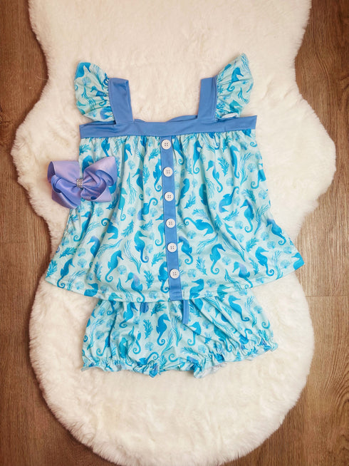 Bowtism Seahorse Flutter Shorts Set and Matching Bow - Bowtism