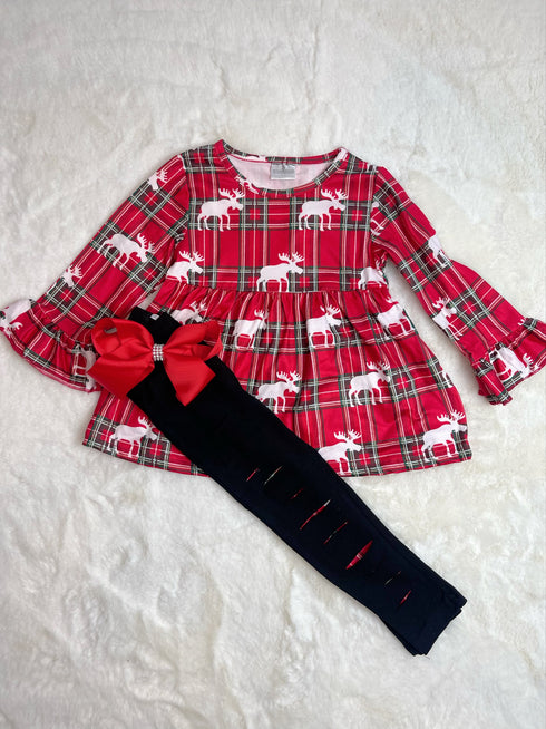 Bowtism Plaid Elk Pants Set with Matching Bow - Bowtism