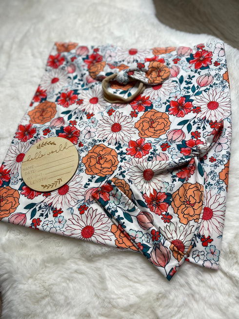 Bowtism Boho Gabriella Swaddle Set with Wooden Birth Plate, Hat & Headband - Bowtism