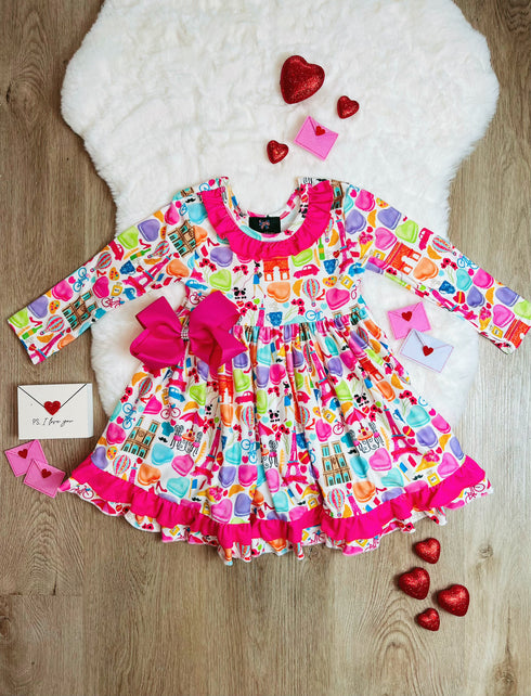 Bowtism Paris Love Macaroon Ruffle Twirl Dress With Matching Bow - Bowtism