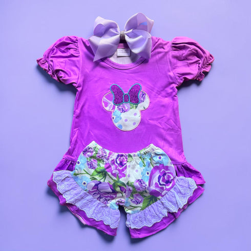Girls Toddler Purple Mouse Shorts Set with Matching Bow