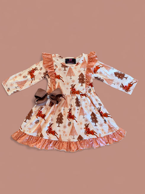 Girls Christmas Retro Ruffle Reindeer Twirl Dress with Matching Bow - Bowtism