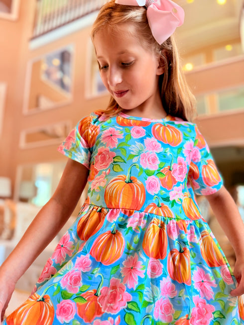 Girls Pastel Floral Pumpkin Dress with Matching Bow - Bowtism