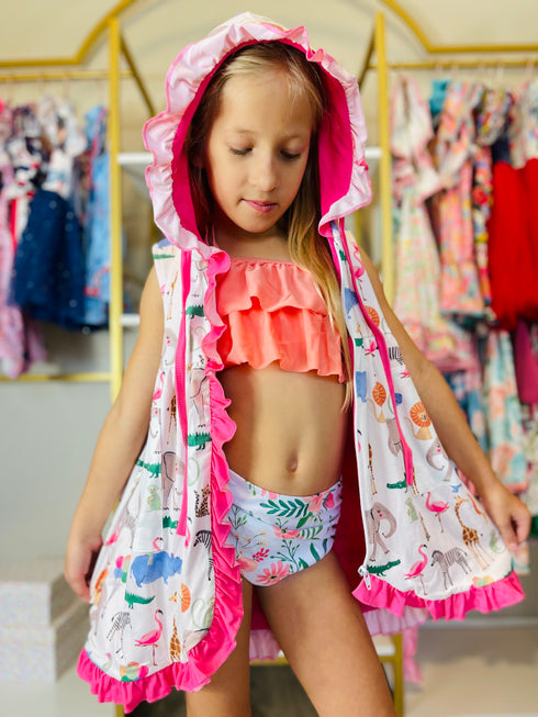 Bowtism Girls Zoo Friends Ruffled Towel Dress with Matching Bow - Bowtism