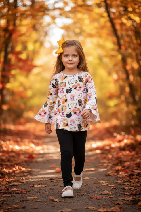Girls Purple Halloween Spooky Pants Set with Bow