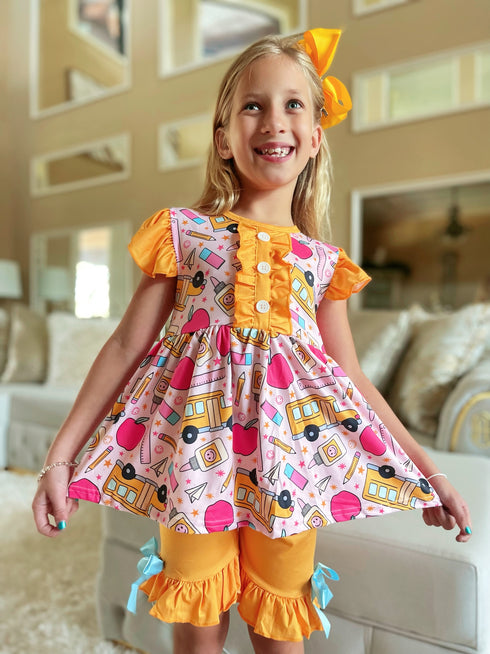 Bowtism Girls School Bus Study Time Shorts Set with Matching Bow - Bowtism