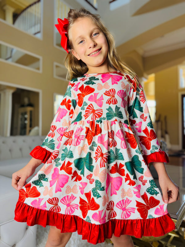 Girls Christmas preppy Bow Dress with matching bow