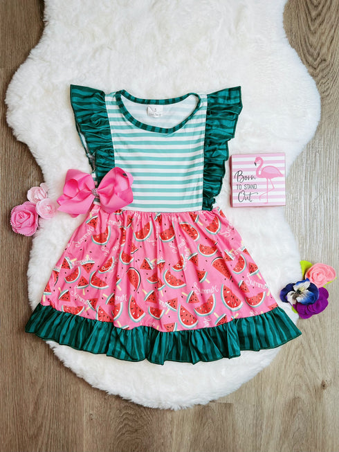 Bowtism Girls Watermelon Stripe Dress with Matching Bow - Bowtism