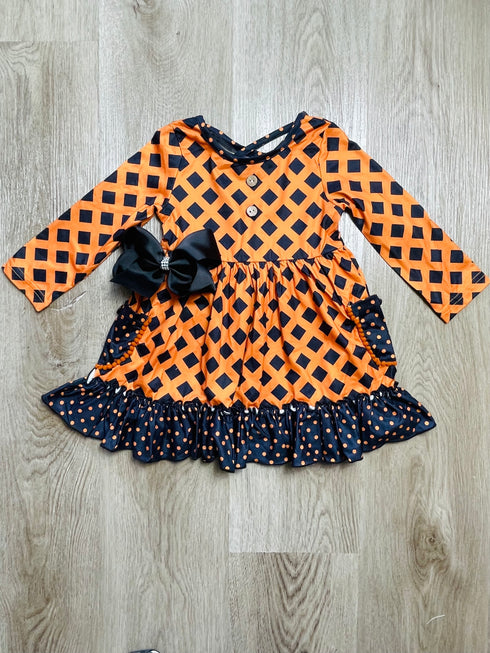 Bowtism Classic Orange Diamonds Pocket Dress with Matching Bow - Bowtism
