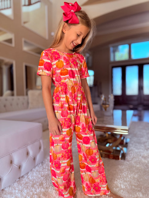 Girls Pink Fall Pumpkin Romper with Matching Bow - Bowtism