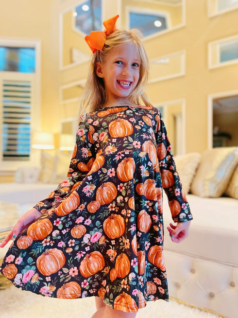 Bowtism Mallory Floral Pumpkin Twirl Dress with Matching Bow - Bowtism