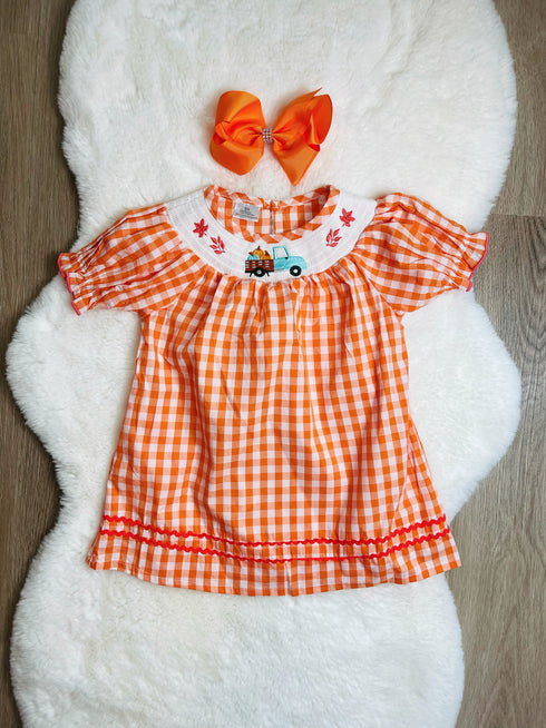 Bowtism Harvest Truck Smock Dress with Matching Bow - Bowtism
