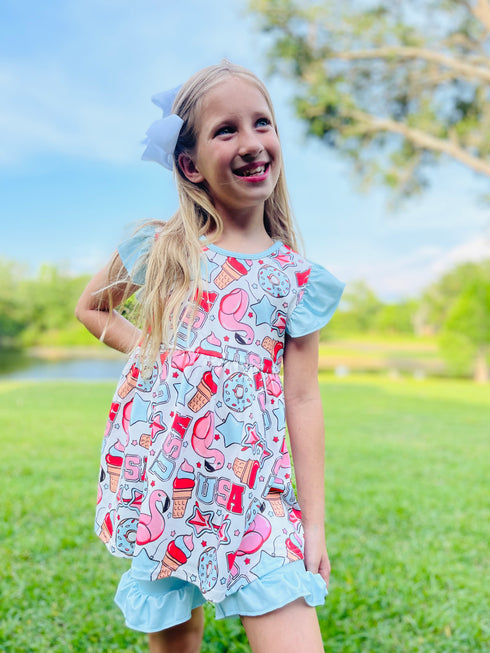 Girls Patriotic USA Treats Shorts Set with Matching Bow - Bowtism