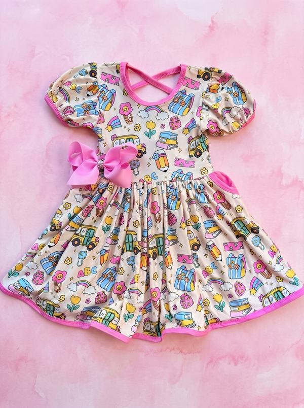 Girls Pink Pocket Preppy School Dress with Matching Bow