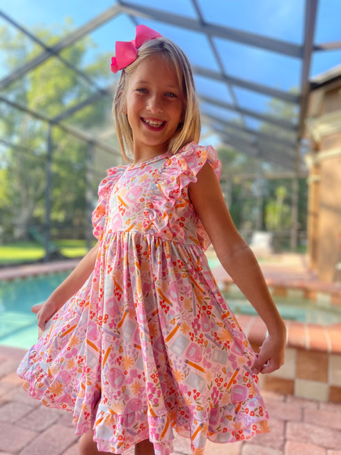 Girls Pink Back To School Dress with Matching Bow - Bowtism