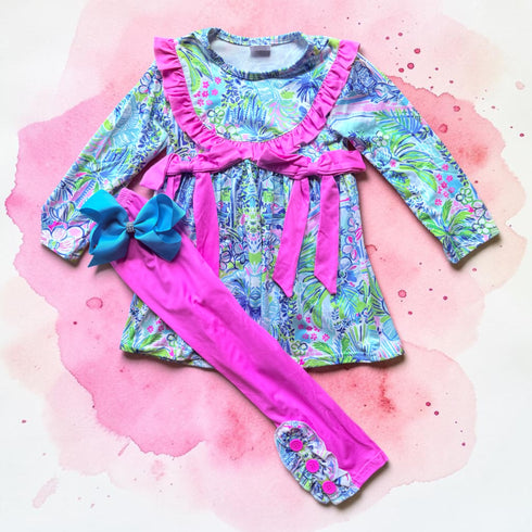 Girls Tropical Pants Set with Matching Bow