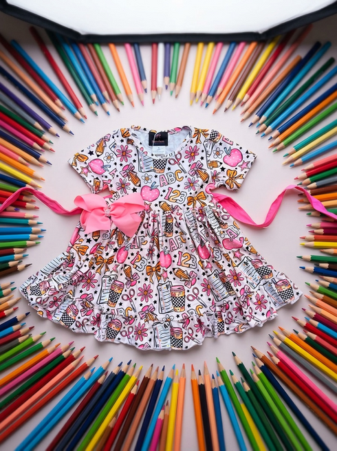 Girls Pink Back to School Dress + Matching Bow