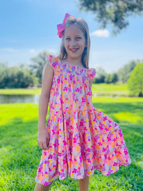 Girls Vibrant Floral Twirl Dress with Matching Bow - Bowtism