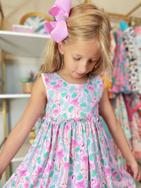 Bowtism Girls Pink Tropical Flamingo Dress with Matching Bow - Bowtism