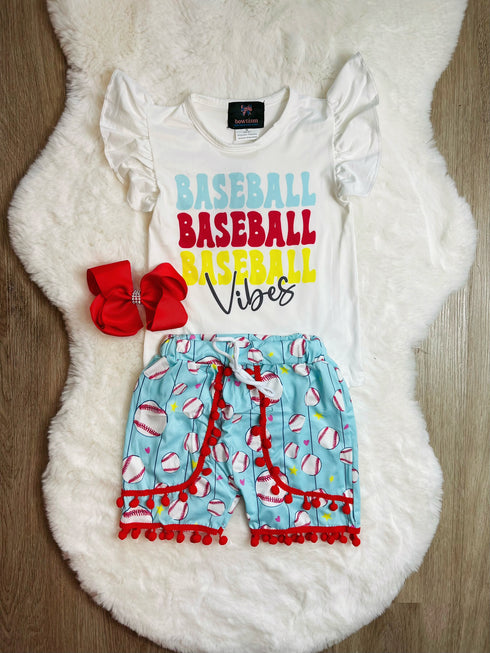 Baseball Girls Vibes Shorts Set with Matching Bow - Bowtism