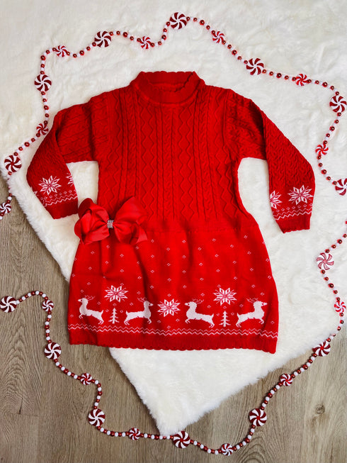 Bowtism Red Sweater Dress with Matching Bow - Bowtism
