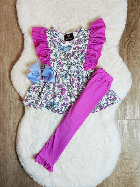 Girls Spring Floral Pants Set with Matching Bow - Bowtism
