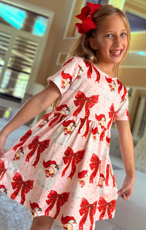 Girls Pink Santa Bow Dress with Matching Bow