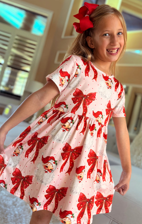 Girls Pink Santa Bow Dress with Matching Bow