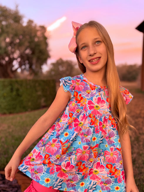 Peonies Floral Shorts Set with Matching Bow