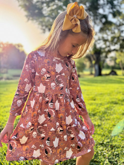 Girls Boho Skeleton Ghost Halloween Dress with Matching Bow - Bowtism
