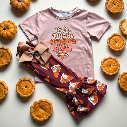 Girls Thanksgiving Pie Flare Pants Set and Matching Bow Set