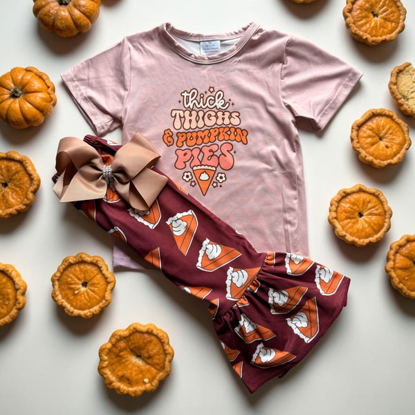 Girls Thanksgiving Pie Flare Pants Set and Matching Bow Set