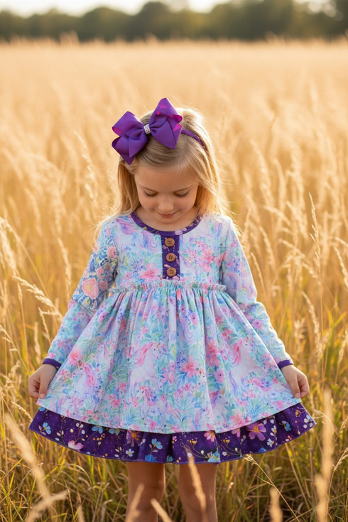 Girls' Watercolor Unicorn Floral Twirl Dress & Matching Bow