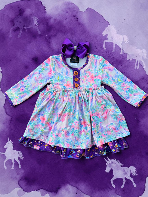 Girls' Watercolor Unicorn Floral Twirl Dress & Matching Bow