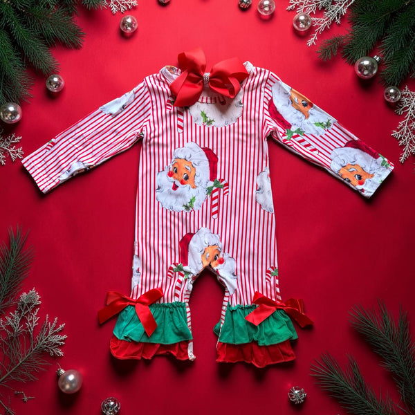 Baby Santa Face Christmas Romper with Matching Bow