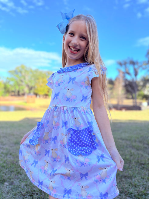 Blue Easter Bunny Dress for Girls + Matching Bow