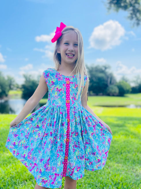 Girls Summer Bright Floral Twirl Dress with Matching Bow - Bowtism