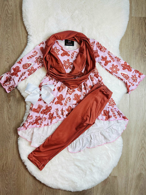 Bowtism Girls Gingerbread Cookie Party Scarf Pants Set with Matching Bow - Bowtism