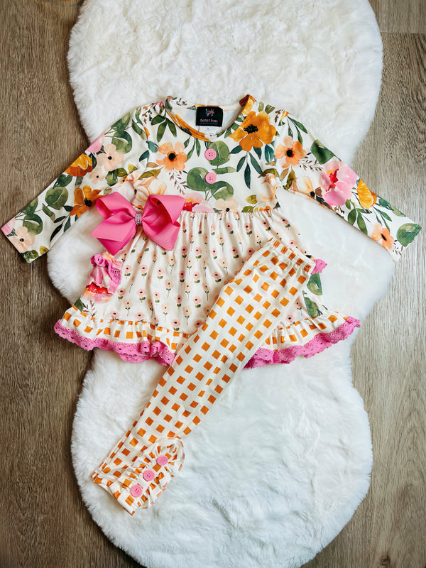 Bowtism Girls Floral Lace Viola Pants Set with Matching Bow - Bowtism