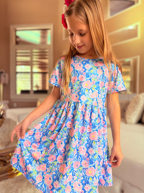 Girls Tropical Floral Dress + Matching Bow (Pink)