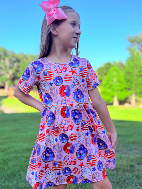 Girls Pink Donut July 4th Dress with Matching Bow