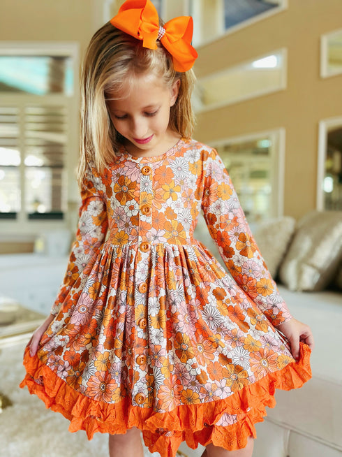 Bowtism Girls Fall Boho Floral Twirl Dress with Matching Bow - Bowtism