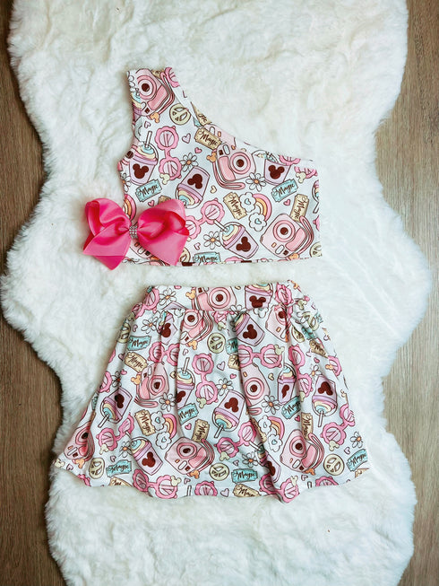 Bowtism Girls Mouse Friends Crop Skirt with Shorts Set and Matching Bow - Bowtism