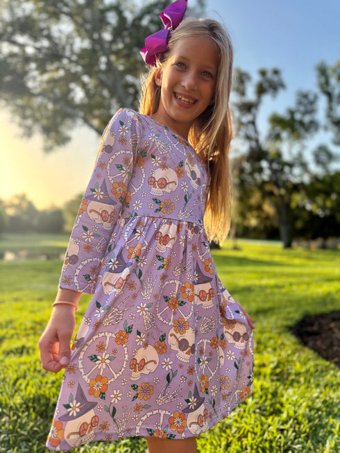 Girls Purple Skeleton Halloween Dress with Matching Bow - Bowtism