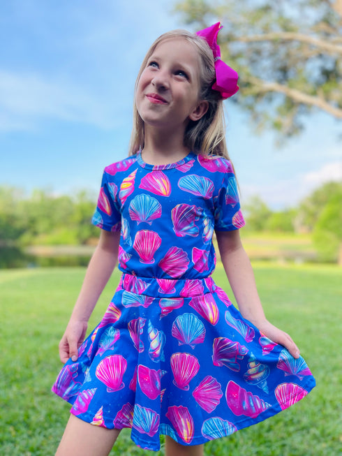 Girls Purple Seashell Crop Top Skirt with Skort Set and Matching Bow - Bowtism