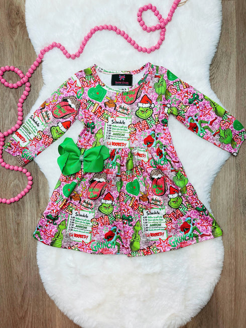 Bowtism Naughty List Grinchmas Christmas Dress with Matching Bow - Bowtism