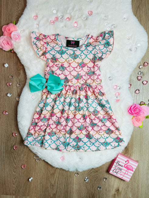 Bowtism Floral Mermaid Scale Flutter Dress with Matching Bow - Bowtism