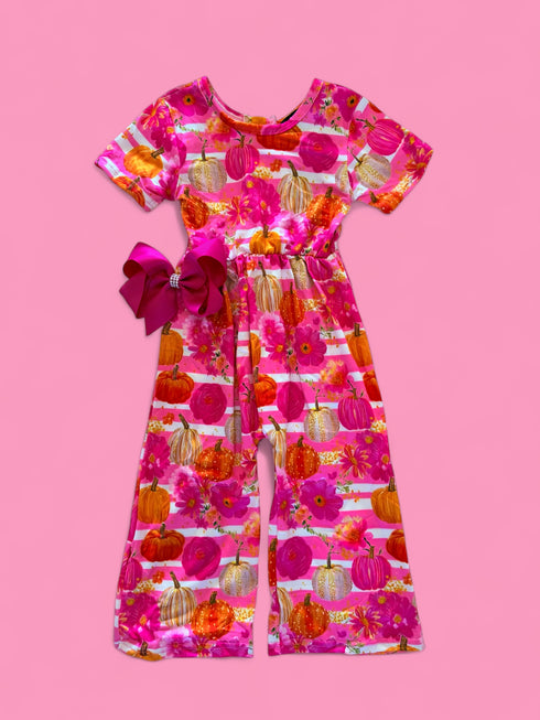 Girls Pink Fall Pumpkin Romper with Matching Bow - Bowtism